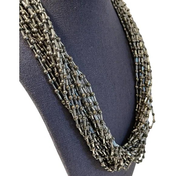 ❤️ Vintage Glass Beaded Multi Strand Silver Statement Necklace - Picture 3 of 5